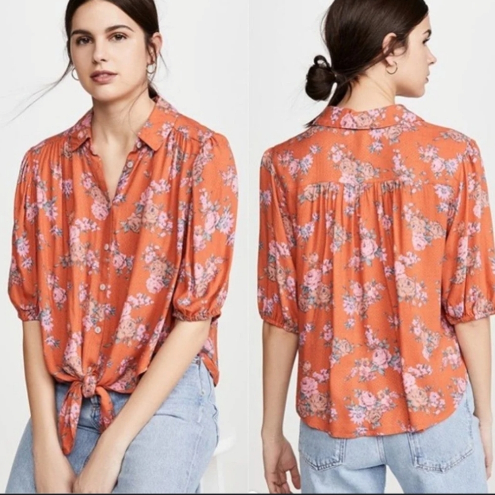 Free People Women's Celia Floral Front Tie Blouse Short Sleeve Shirt Orange S
